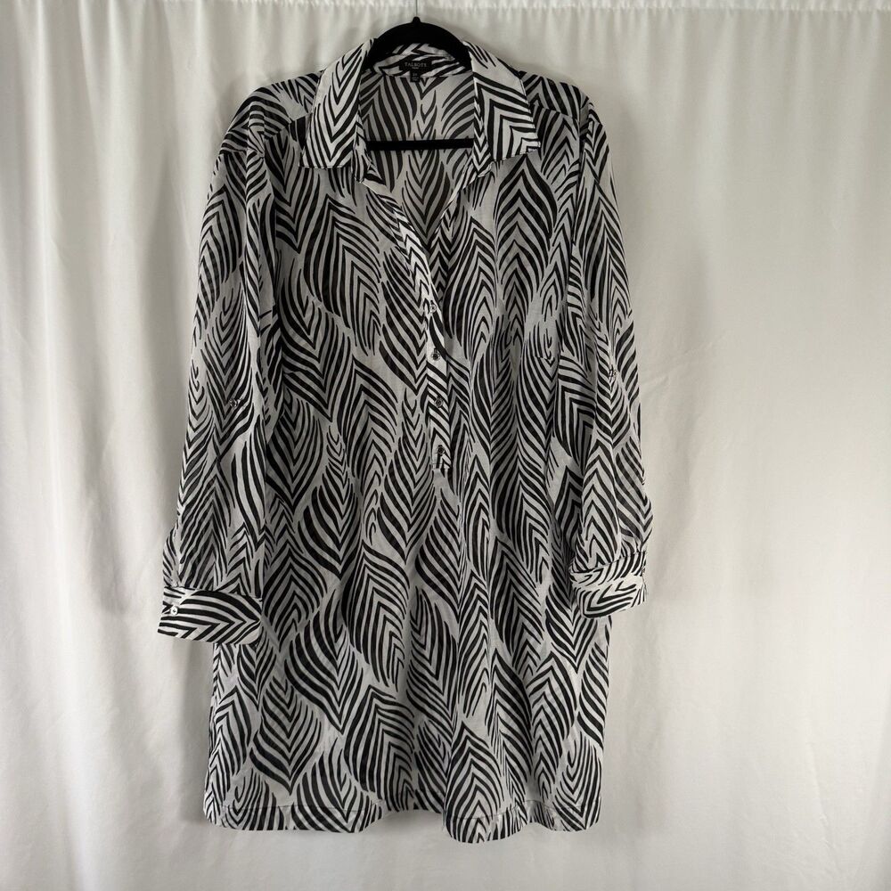 Talbots Dress Women's 2X White Black Zebra Collared Sheer Long Sleeve